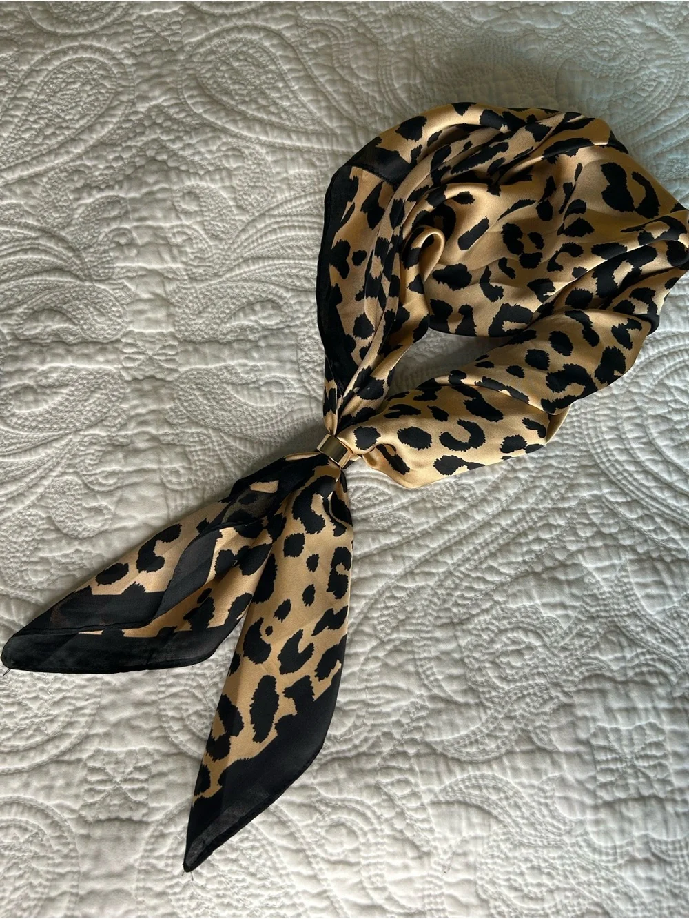 New Leopard Print Satin Neck Scarf - Black & Tan